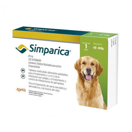 Simparica Antiparasitario Perros (De 20 a 40 Kg) 1 Tableta de 80 mg